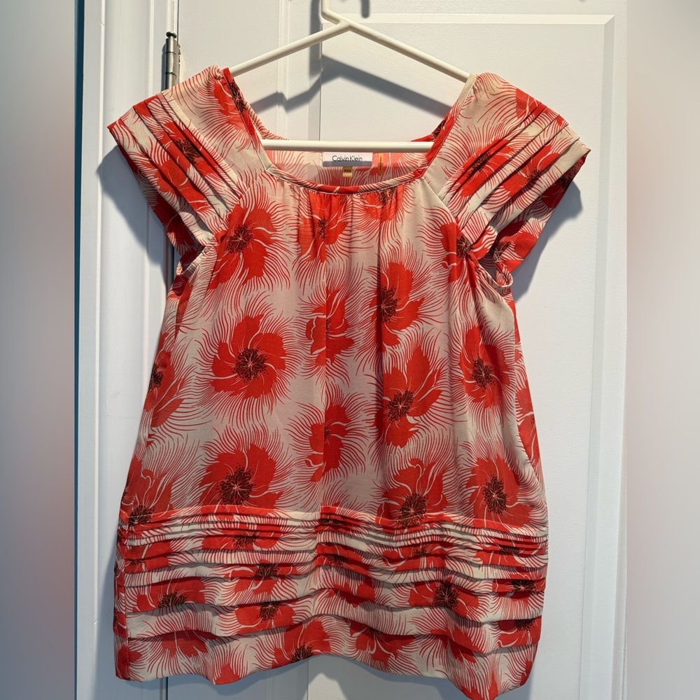 Calvin Klein Burnt Orange and Cream Floral Blouse